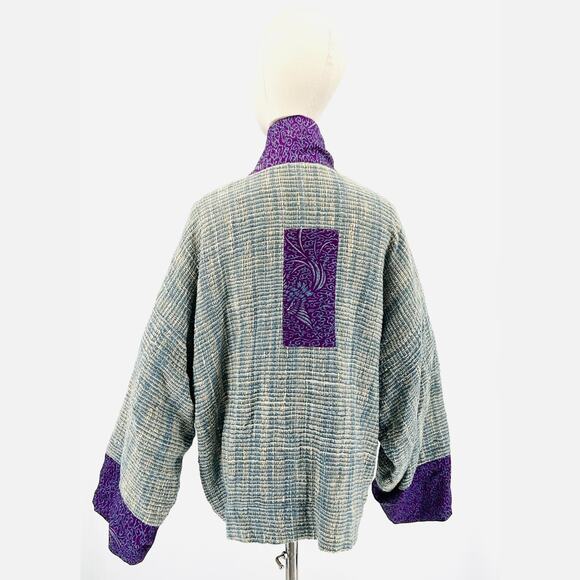 Vintage Thai Purple Blue Tweed Cotton Silk Lined Kimono Jacket - Picture 5 of 8
